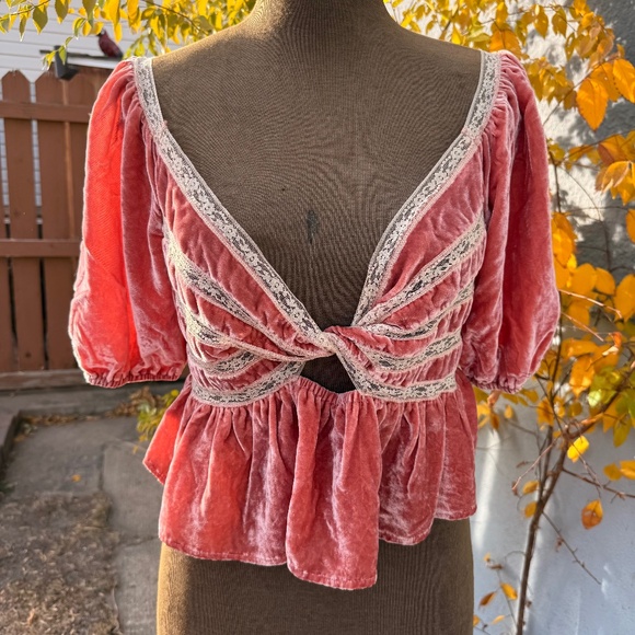 FP Movement by Free People Tops - Free People Yours Truly Velvet Peplum Lace Trim Blouse in Blush